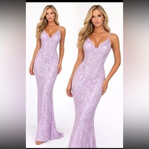 Morgan & Co Lavender Sequin Formal Dress Size 0 NWT Prom Evening Gown Iridescent